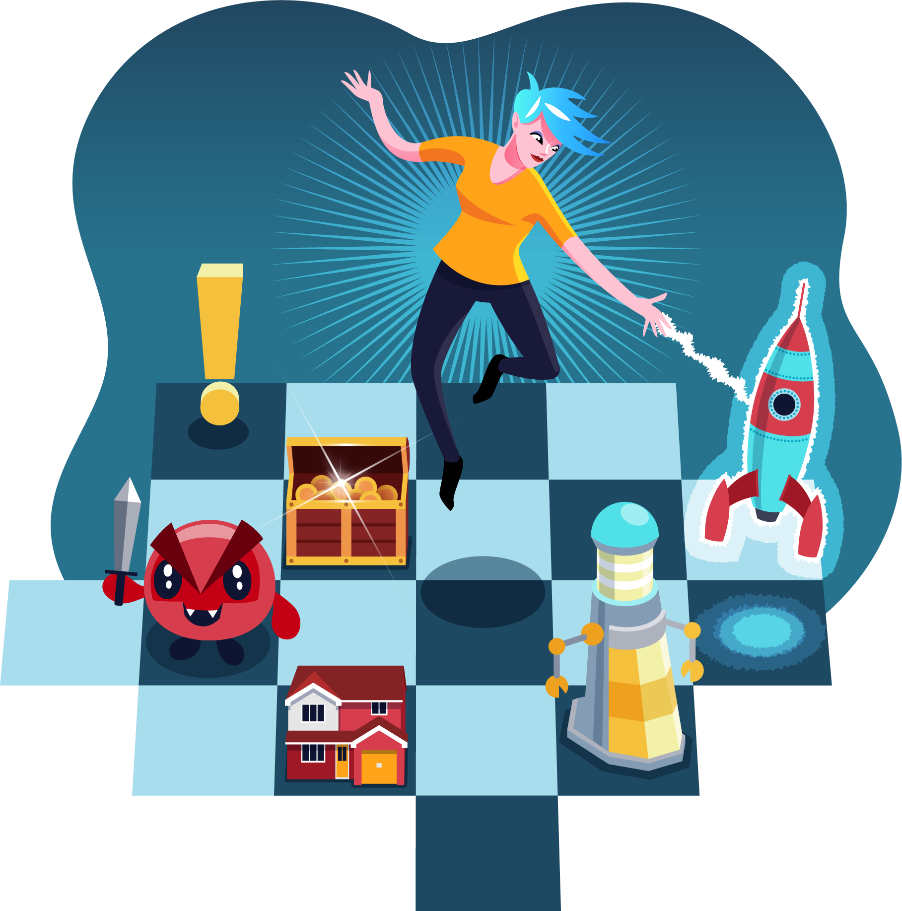 Game Planning illustration - articy avatar moving game pieces on a chess board