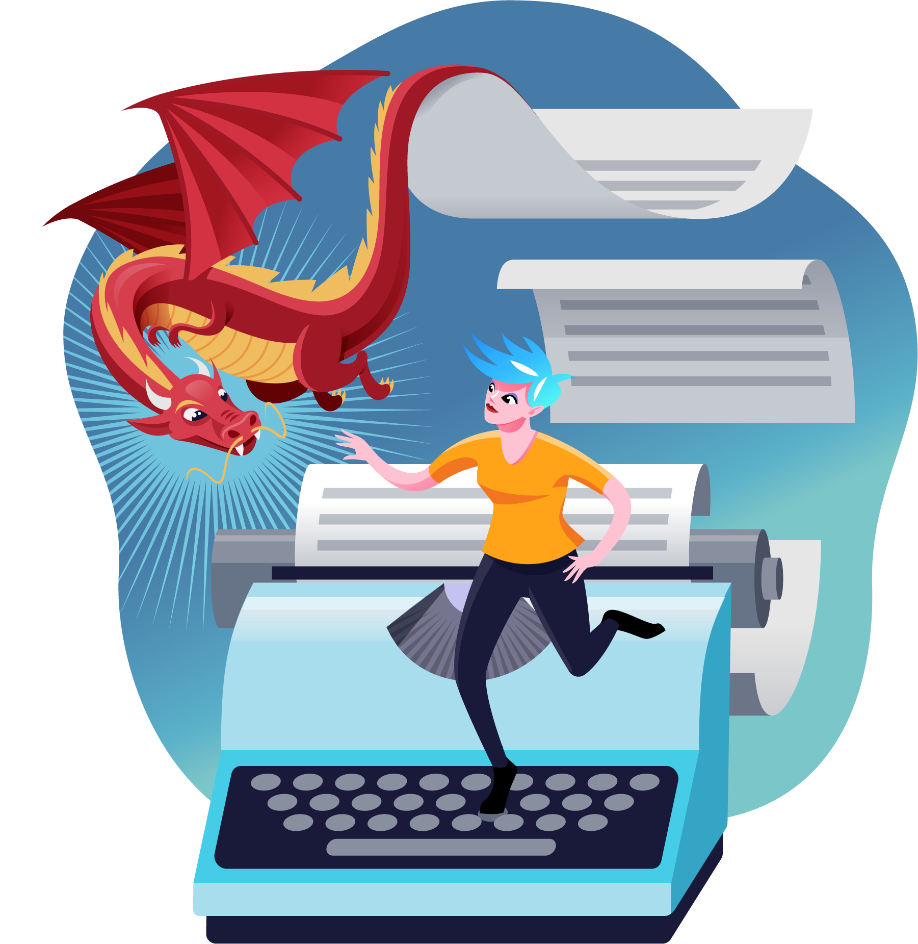 Game Writing illustration - articy avatar standing on a typewriter key looking at red dragon coming to life from story