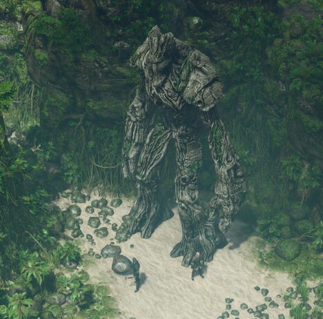SpellForce 3 screenshot - person stands before a huge tree-creature