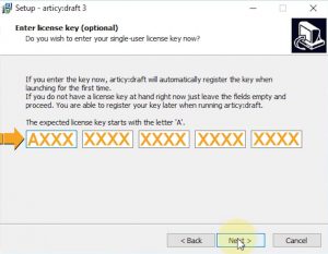 articy draft screenshot of the license key prompt