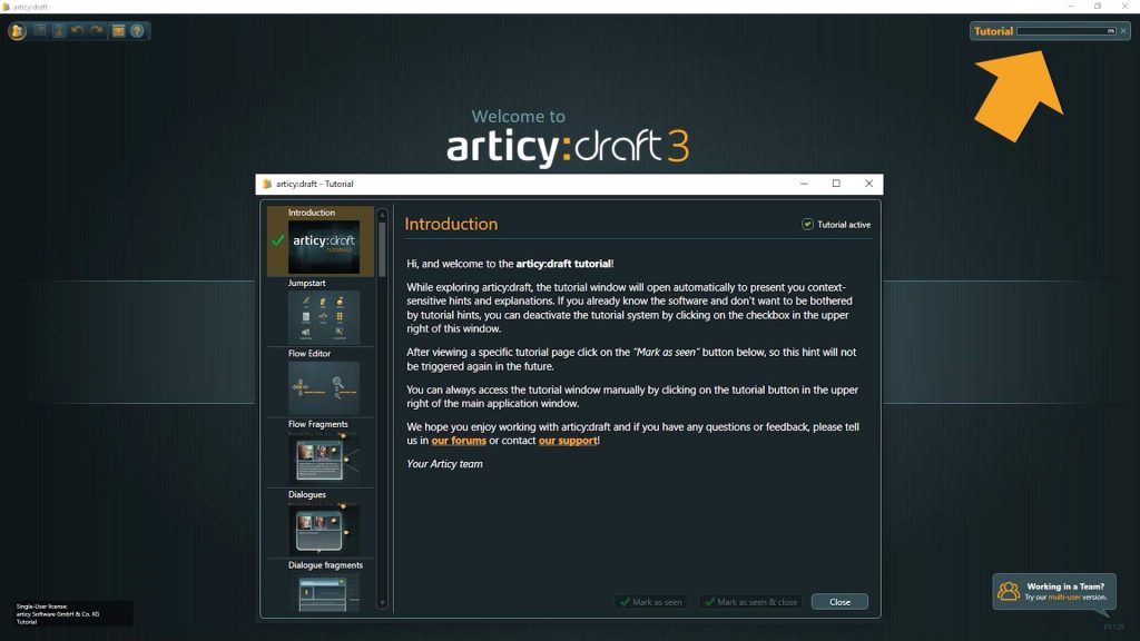 articy draft in-app tutorial pop-up