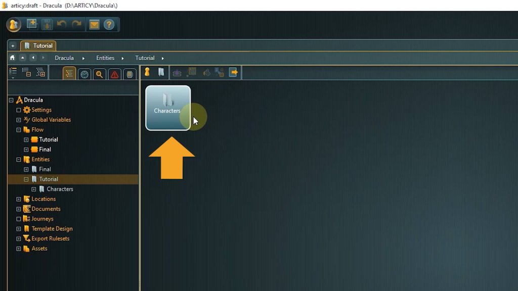 tutorial entities screenshot with an arrow towards the characters folder