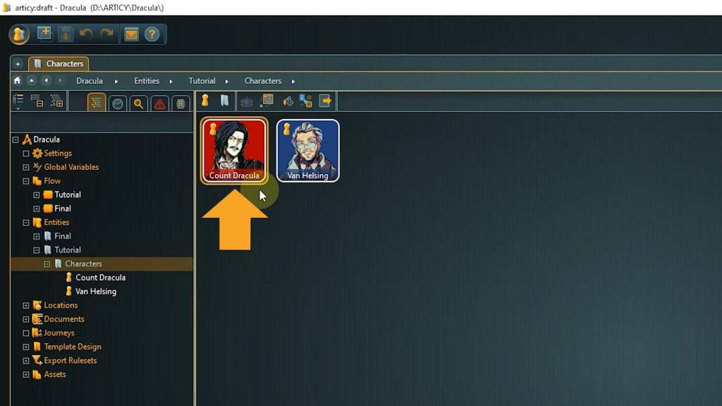 articy draft screenshot of characters section with arrow pointing towards dracula tile