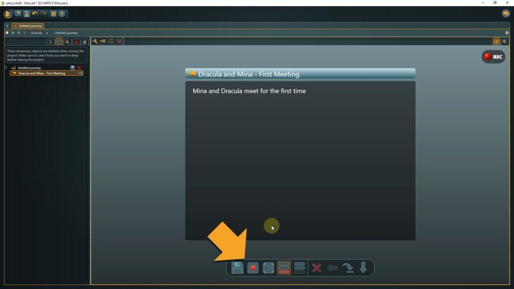Screenshot of presentation mode with arrow pointing to the stop recording button