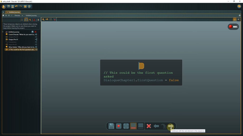 Articy presentation mode screenshot of variable changing