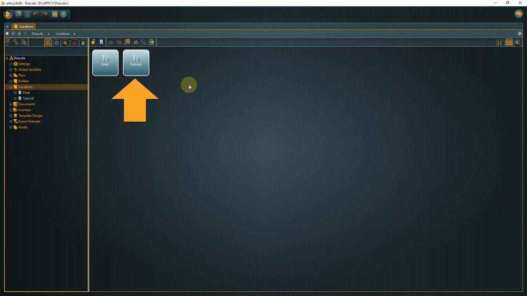 articy location editor screenshot with arrow pointing to the tutorial folder