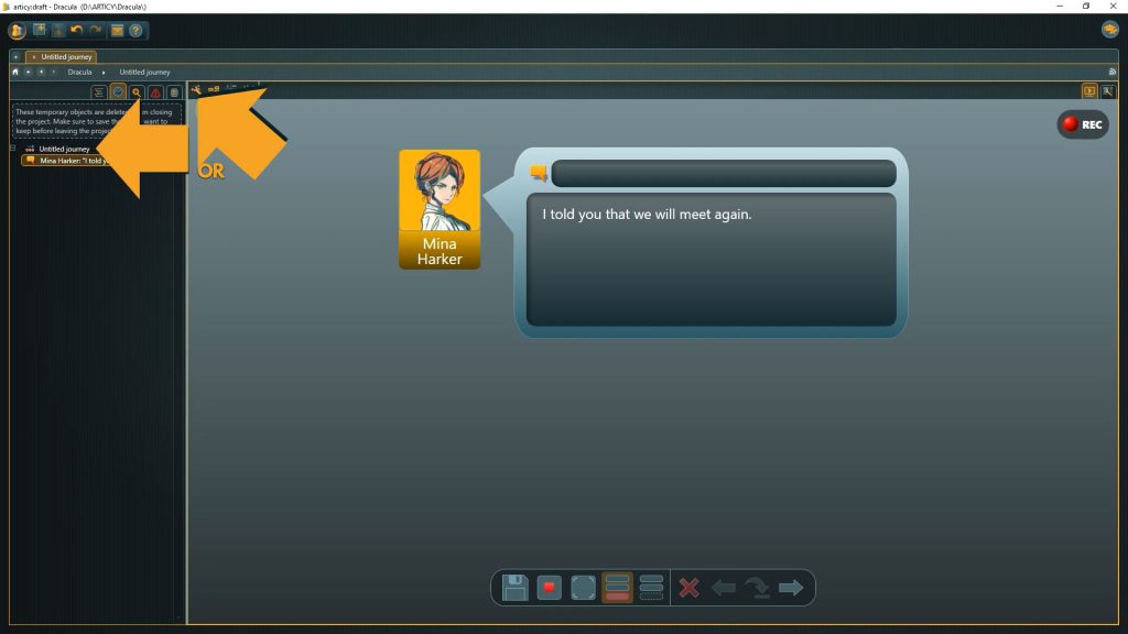 articy presentation mode screenshot with arrows pointing to the journey entry and the settings button