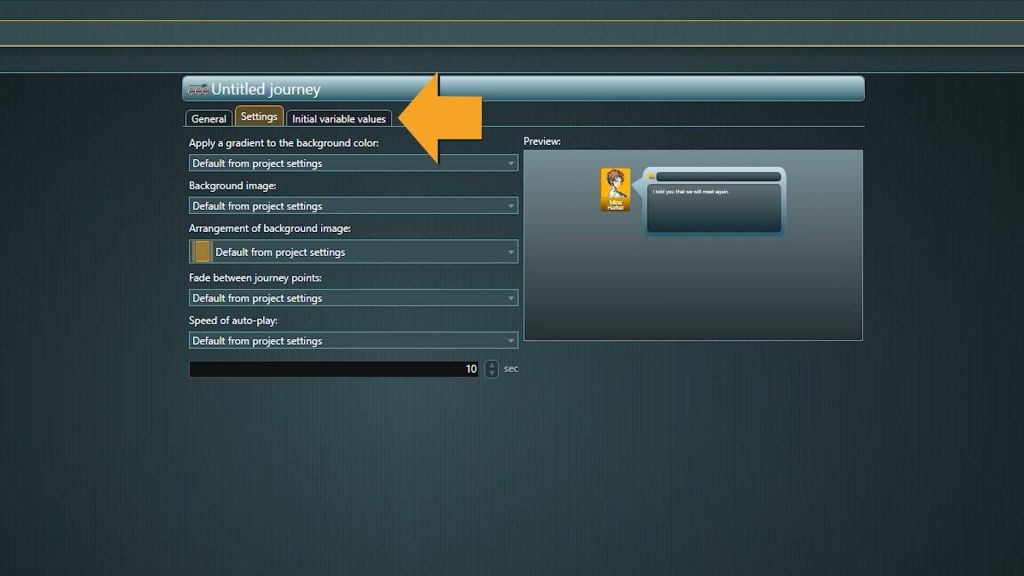articy presentation mode screenshot with arrows pointing to initial values tab