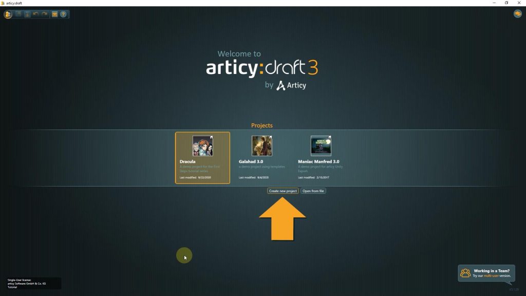 articy draft screenshot with arrow pointing to create new project
