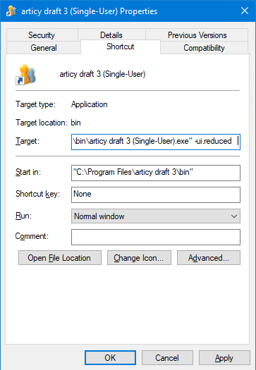 Windows articy properties pop-up showing shortcut tab