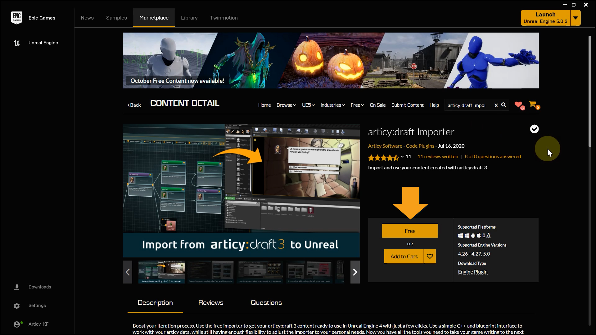articy Importer in Unreal marketplace