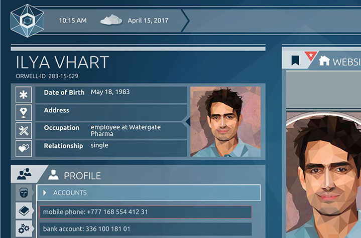 Orwell: Keeping an Eye On You in-game screenshot showing data of npc Ilya Vhart in browser ui